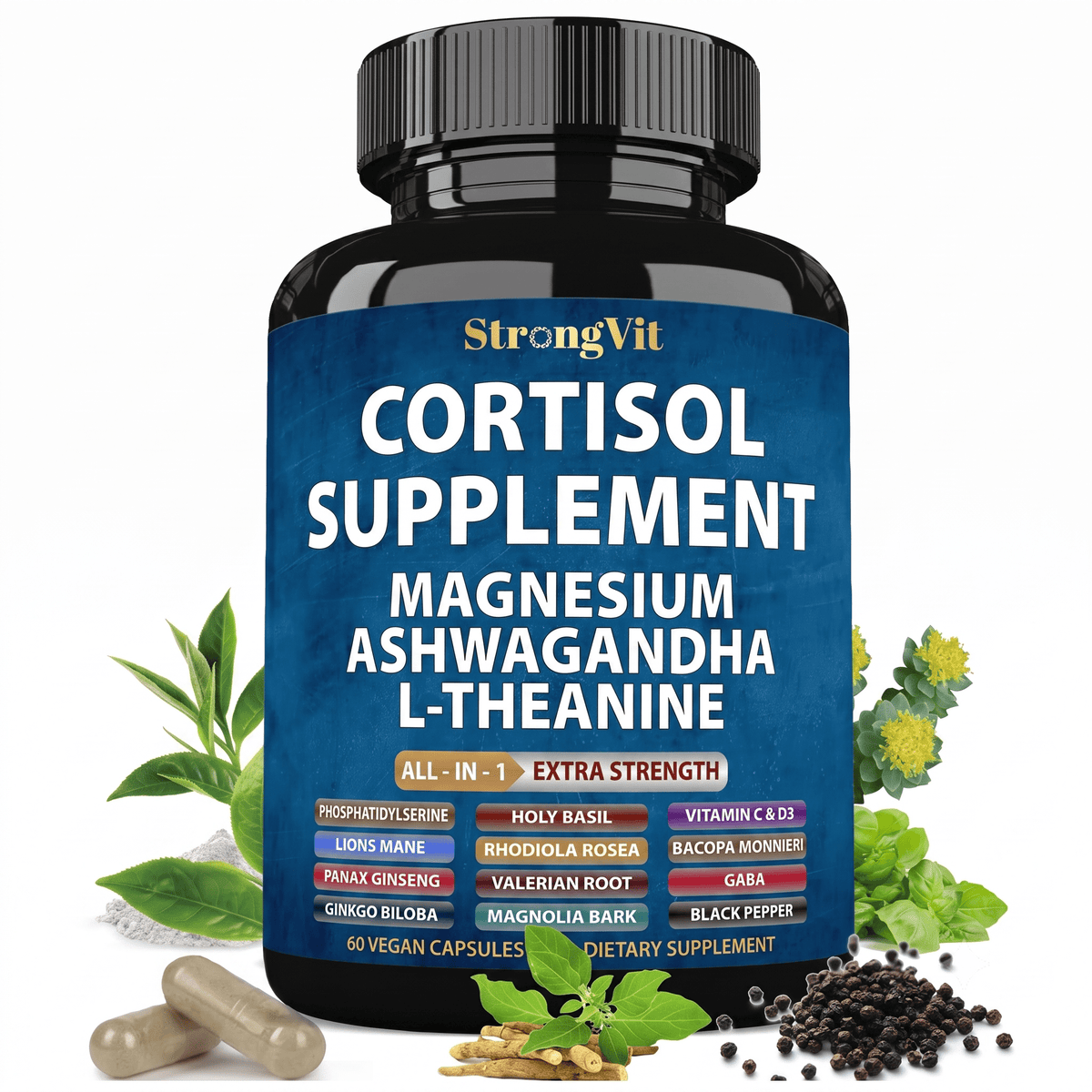 Cortisol Supplement Magnesium Glycinate L-Theanine Ashwagandha 60 Capsules - Hamxi