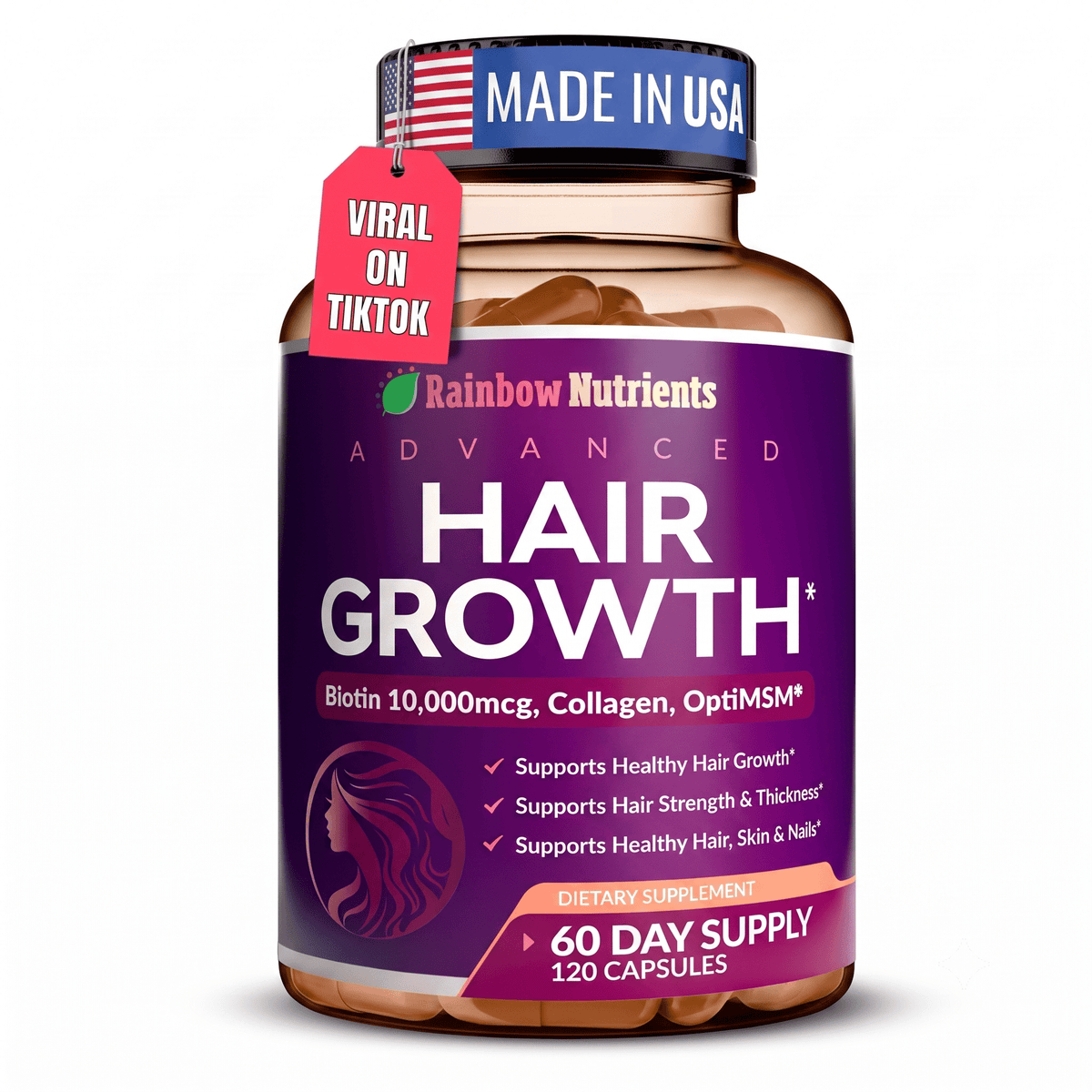 Rainbow Nutrients Hair Growth Vitamins Biotin Collagen 120 Capsules - Hamxi