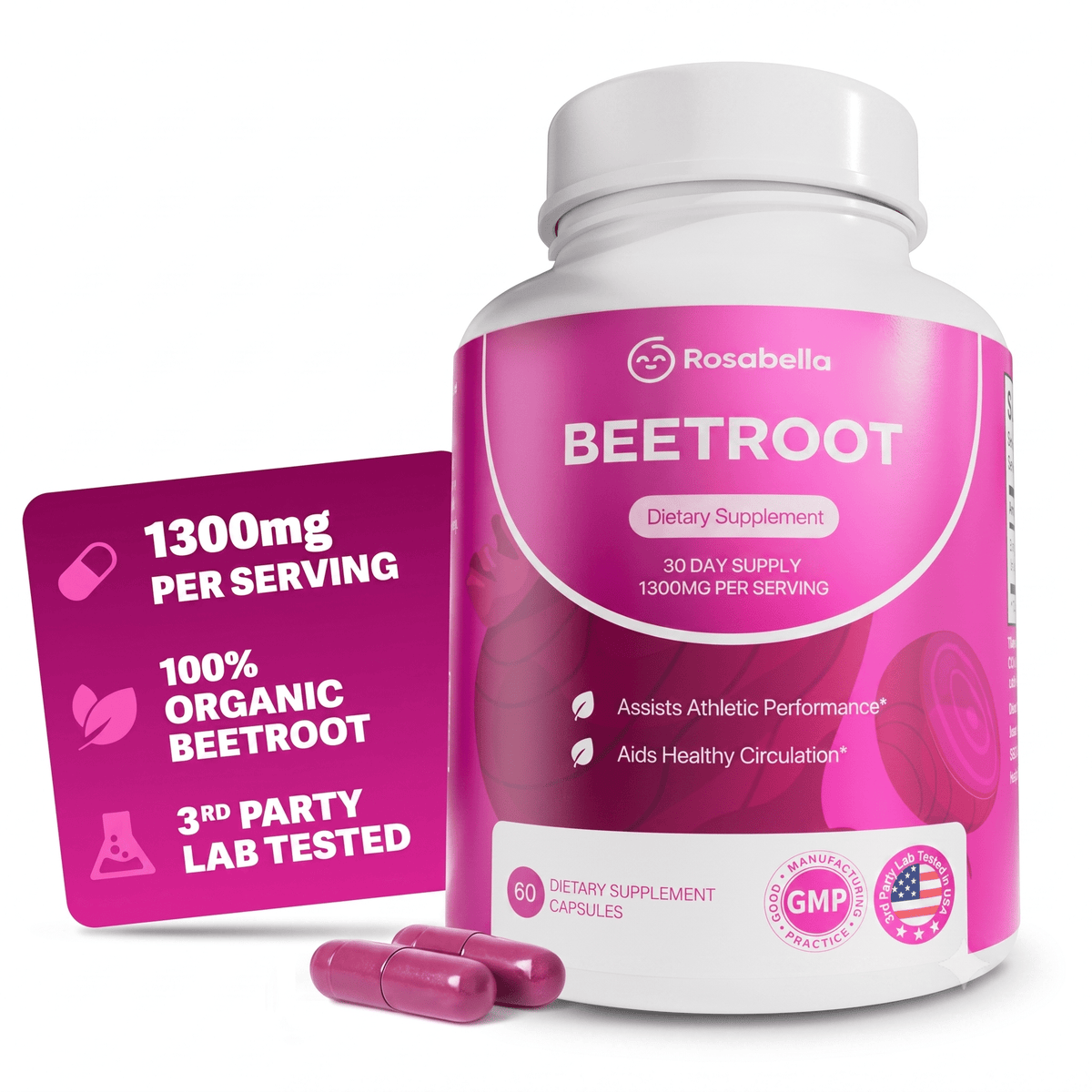 Rosabella Organic Beet Root Capsules 1300mg 60 Capsules - Hamxi