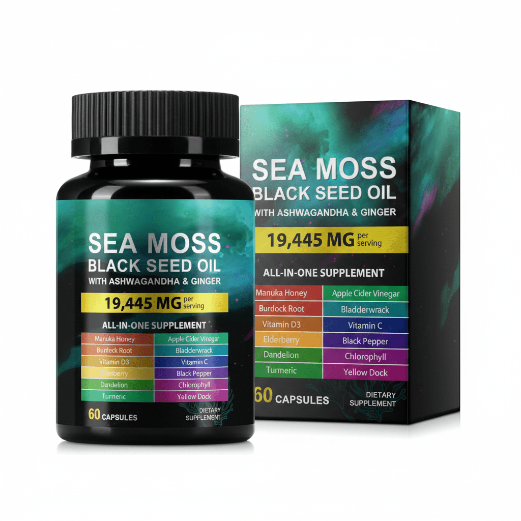 Sea Moss 7000mg Black Seed Oil 4000mg Ashwagandha 2000mg Superfood Complex 120 Capsules - Hamxi