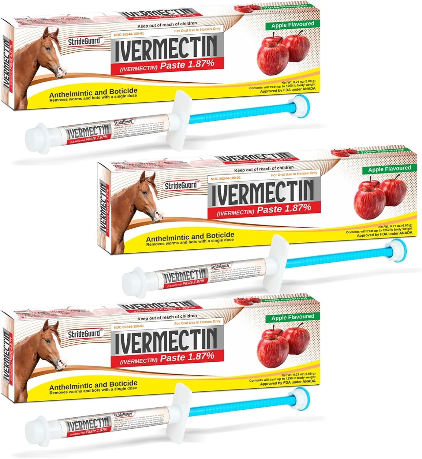StrideGuard Ivermectin Paste 1.87% for Horses 3-Pack Apple Flavored - Hamxi
