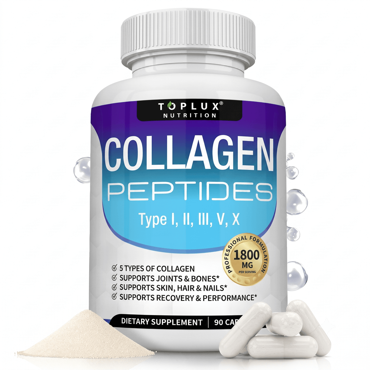 Toplux Multi Collagen Peptides Pills 1800mg 90 Capsules - Hamxi
