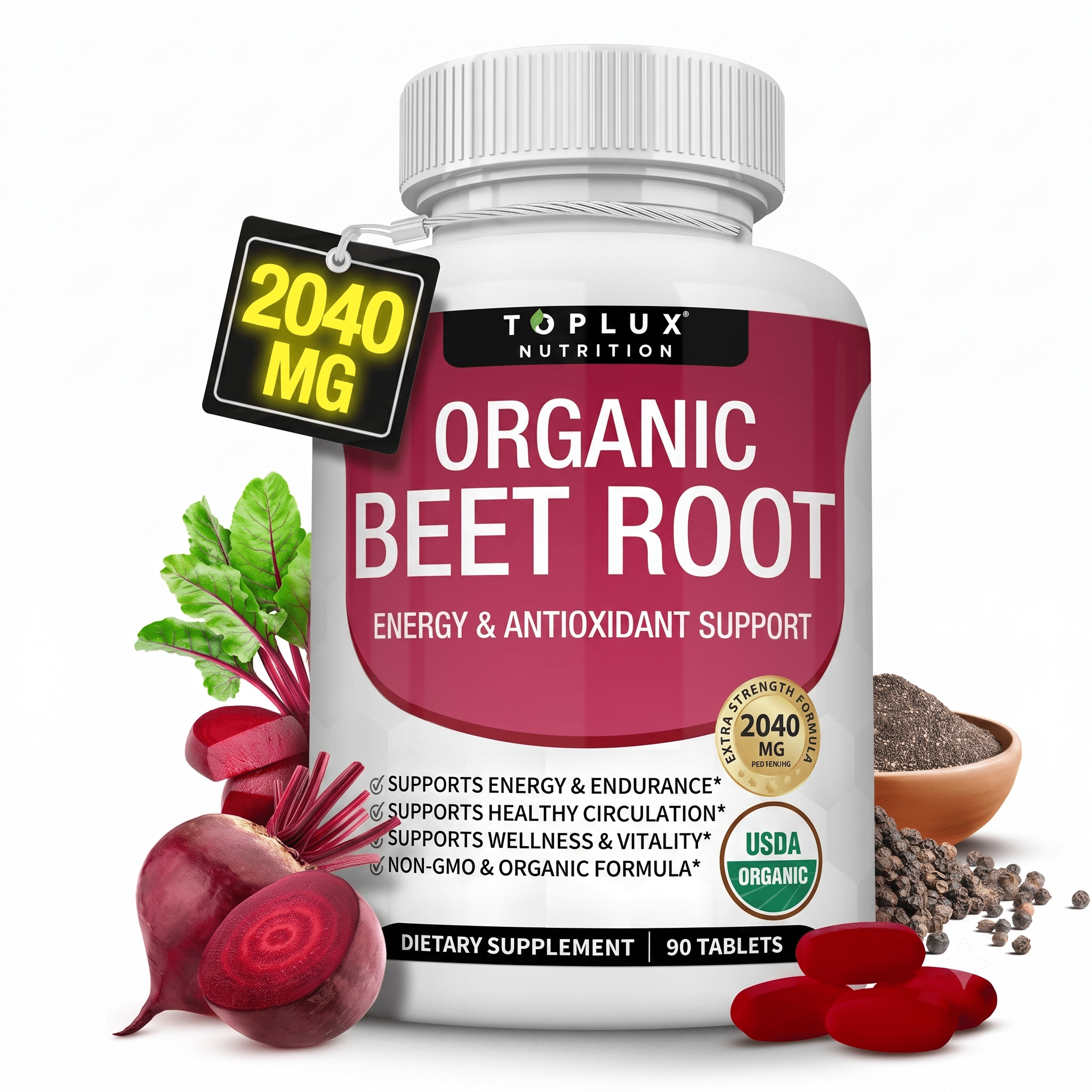 Toplux Organic Beet Root Powder 2040mg 90 Capsules - Hamxi