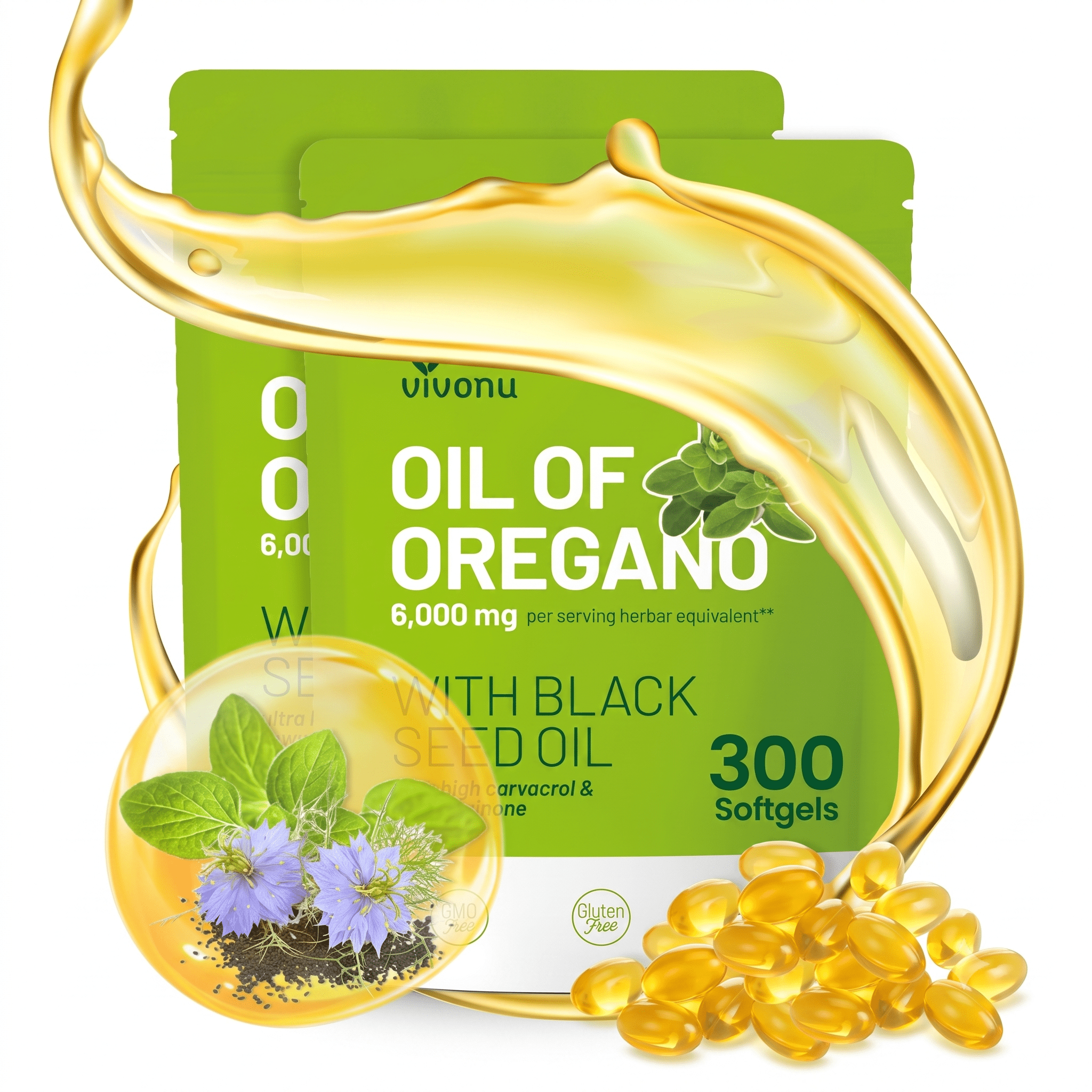 VIVONU Oil of Oregano with Black Seed Oil 300 Capsules - Hamxi